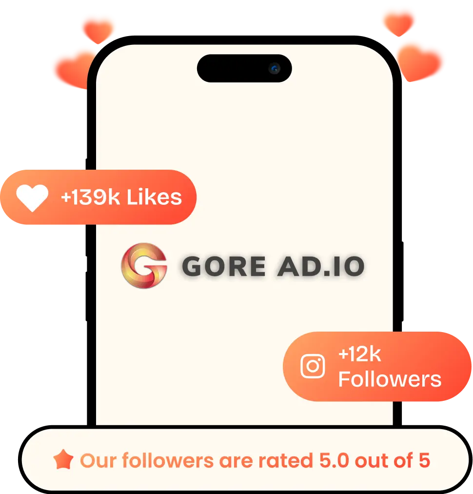 GoreAd graphic of a woman with a laptop with icons showing follower growth, likes, and a rising arrow symbolizing social media success.